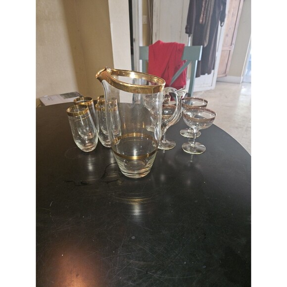 VINTAGE MCM COCKTAIL PITCHER With 4 Glasses 4 Martini GREAT HEAVY GOLD TRIM - Picture 7 of 7
